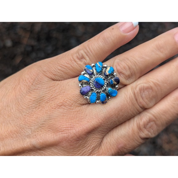 Navajo Deep Turquoise Cluster Ring Blue Handcrafted Jewelry Sz 7.75‎ US ***